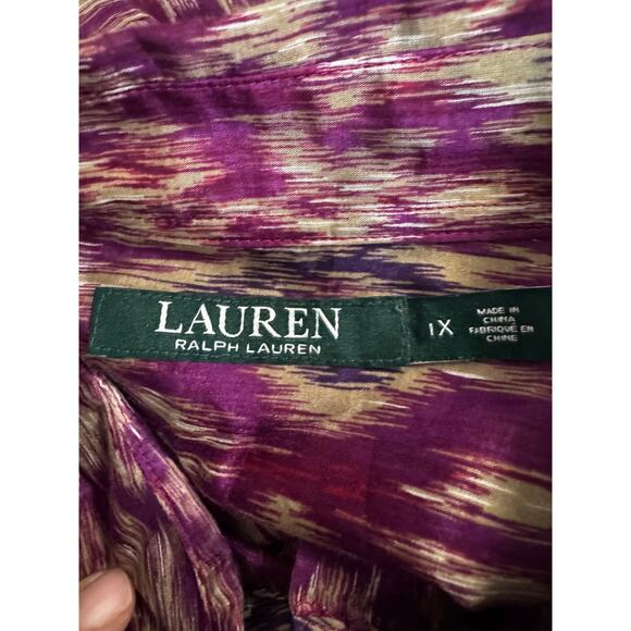 Lauren Ralph Lauren Women’s 1X Button-Down Shirt Purple Ikat Print Cotton Silk - Picture 4 of 6